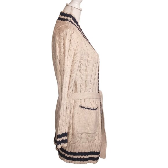 NEW Chaser Cable Knit Belted Cardigan In Cake/Cream & Blue Jay Stripe M Preppy - Picture 5 of 11